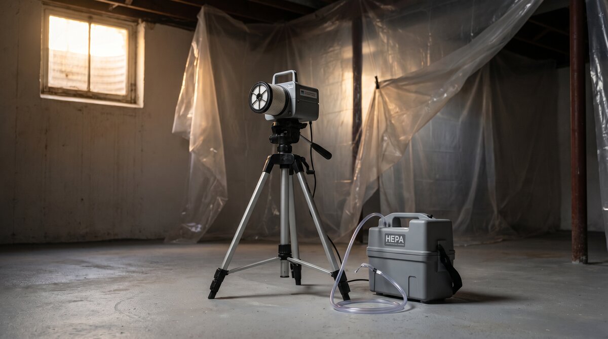 HEPA-filtered air sampling pump on tripod inside a cleaned Canadian basement after asbestos abatement, verifying clearance before reconstruction