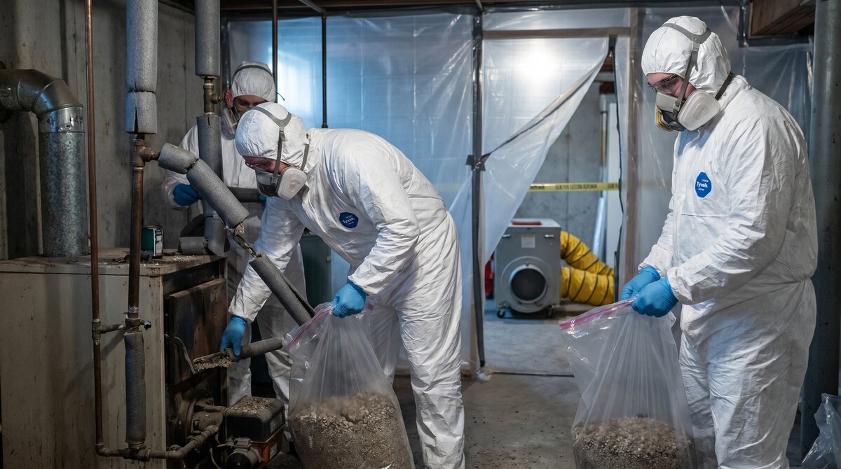 Asbestos Removal Alberta — Abatement Workers in Containment Certified asbestos abatement workers in Tyvek suits and P100 respirators inside a plastic containment in an older Canadian home