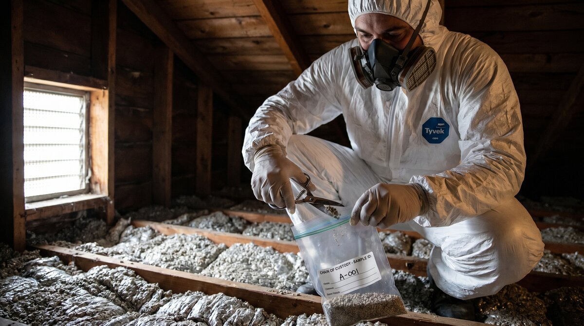 Certified industrial hygienist in PPE collecting a vermiculite insulation sample in a Canadian attic for asbestos lab testing