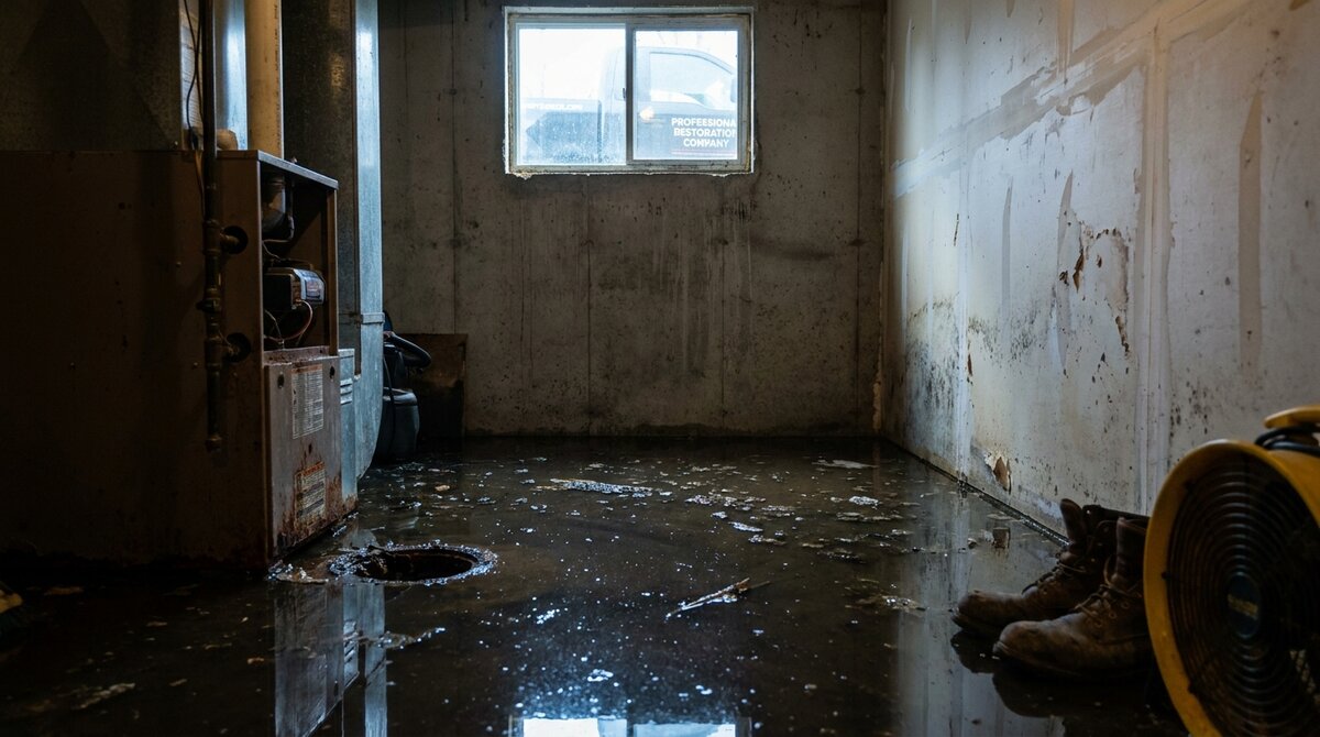 Sewer Backup Cleanup Central Alberta Flooded basement with murky sewer water around furnace and floor drain in a Central Alberta home
