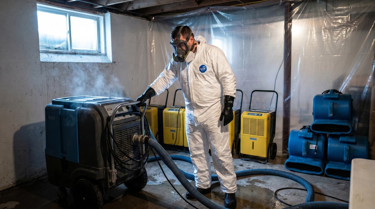 Certified restoration technician in full PPE operating water extraction equipment during a sewer backup cleanup in a Central Alberta basement