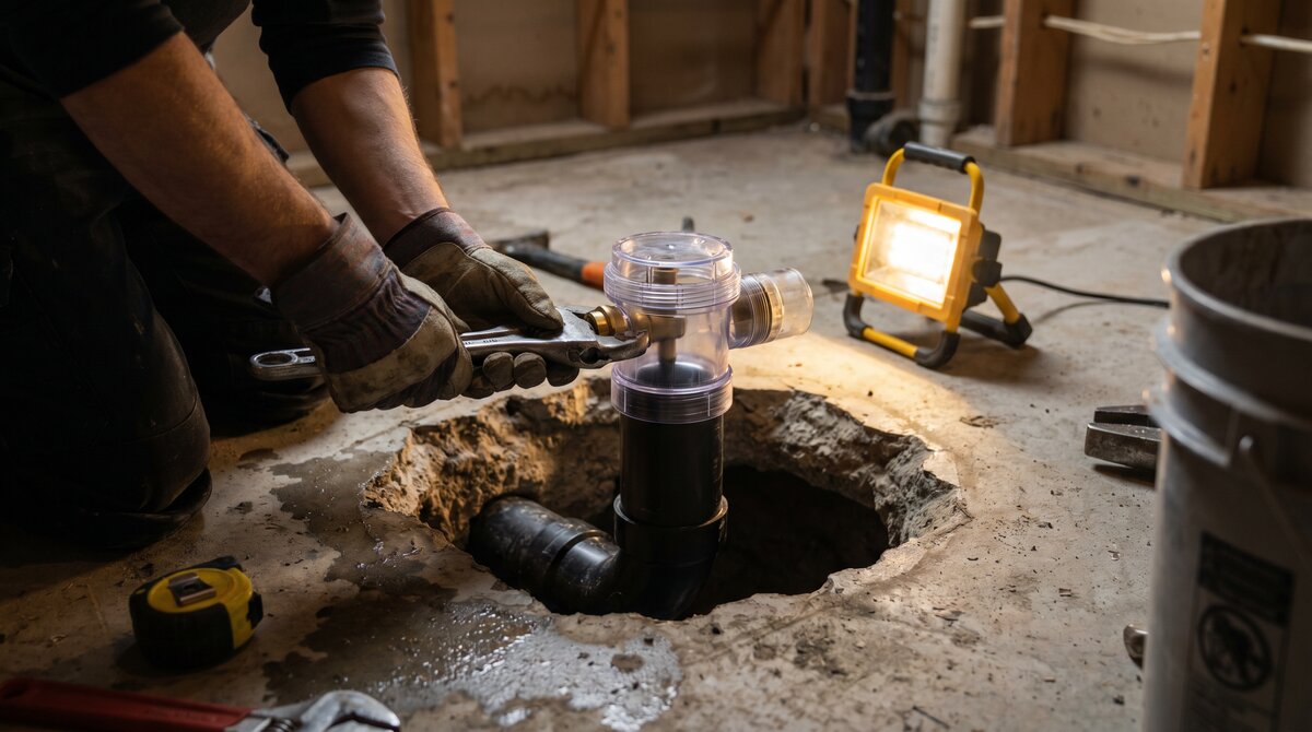Plumber installing a backwater valve on a main sewer line in a Canadian basement to prevent sewer backup