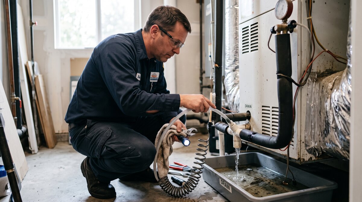 HVAC technician flushing a clogged air conditioner condensate drain line near an indoor air handler
