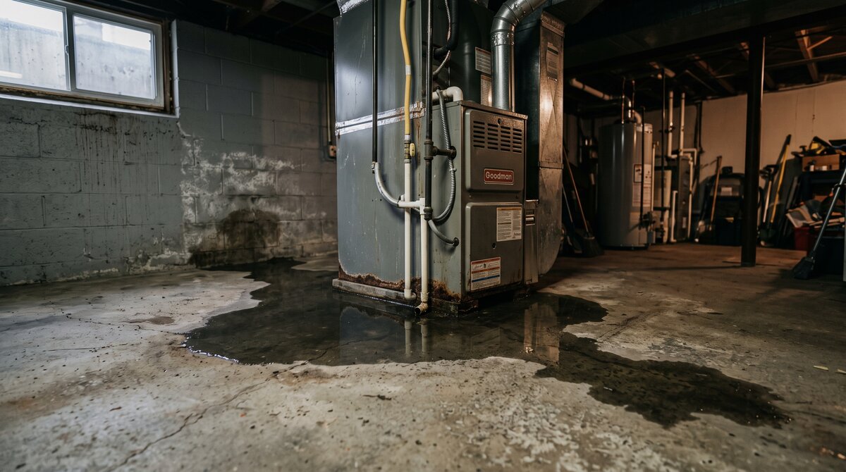 Water pooling on a basement floor around a furnace and air handler from an AC condensate leak in a Central Alberta home