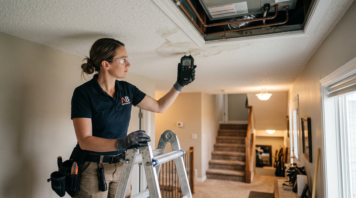 Restoration technician using a moisture meter on a ceiling beneath an HVAC unit to find hidden water damage