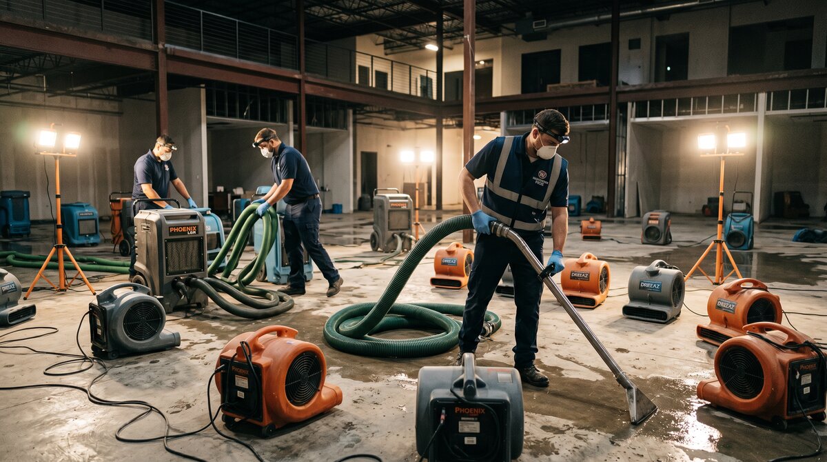 Commercial restoration crew running large air movers and industrial dehumidifiers in a flooded commercial space