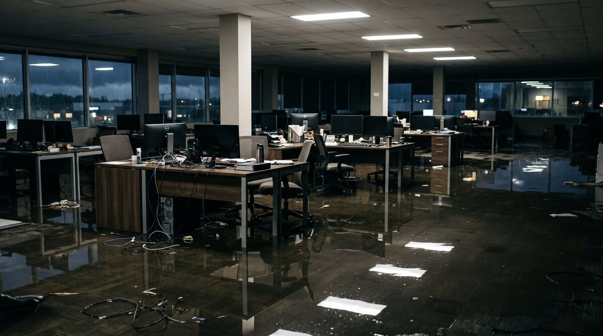 Flooded commercial office in Central Alberta with water across the floor affecting desks and equipment