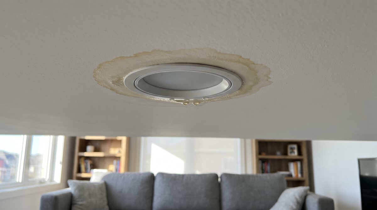 Yellow-brown ceiling water stain forming after hail-damaged roof in central Alberta