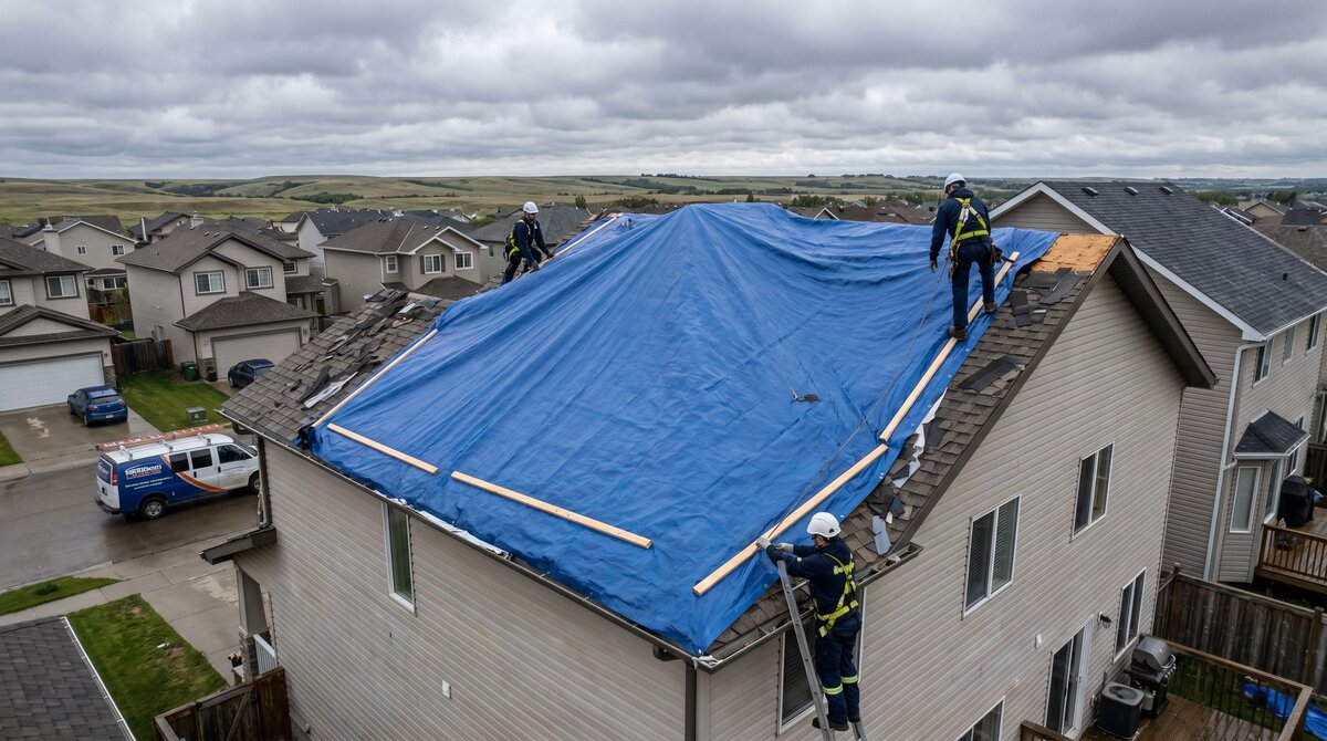 Emergency tarping of a hail-damaged central Alberta roof