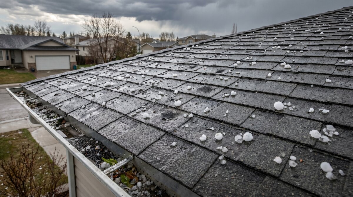 Hail Water Damage Central Alberta Hero Hailstones scattered on a damaged asphalt shingle roof in central Alberta after a severe hailstorm starting the hail water damage cascade