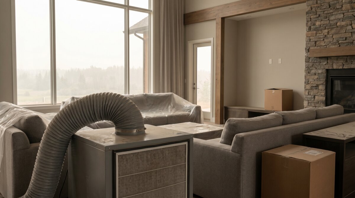 Commercial HEPA air scrubber operating in a central Alberta living room during wildfire smoke remediation