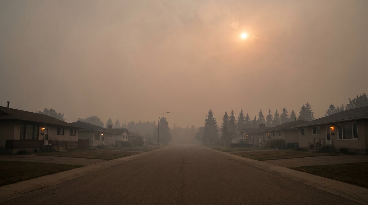 Wildfire Smoke Damage Central Alberta Hero Suburban central Alberta street wrapped in heavy wildfire smoke haze at late afternoon, illustrating wildfire smoke damage in central Alberta without direct flames