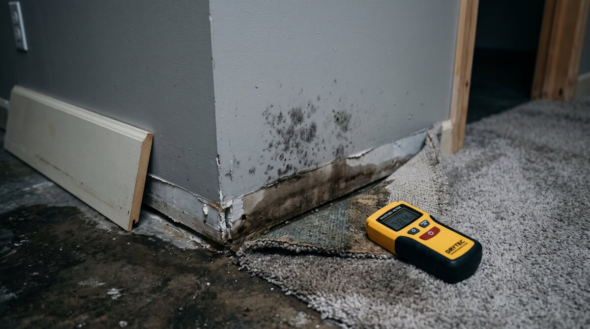 Mould After Water Damage Behind a Basement Baseboard Early mould after water damage spreading along the bottom of grey basement drywall behind a removed baseboard with a moisture meter on wet carpet