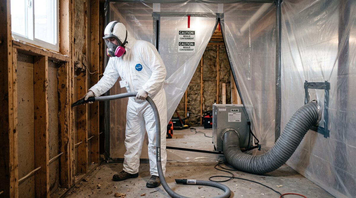 Remediation technician in a protective suit and respirator HEPA-vacuuming basement studs inside plastic containment to remove mould after water damage