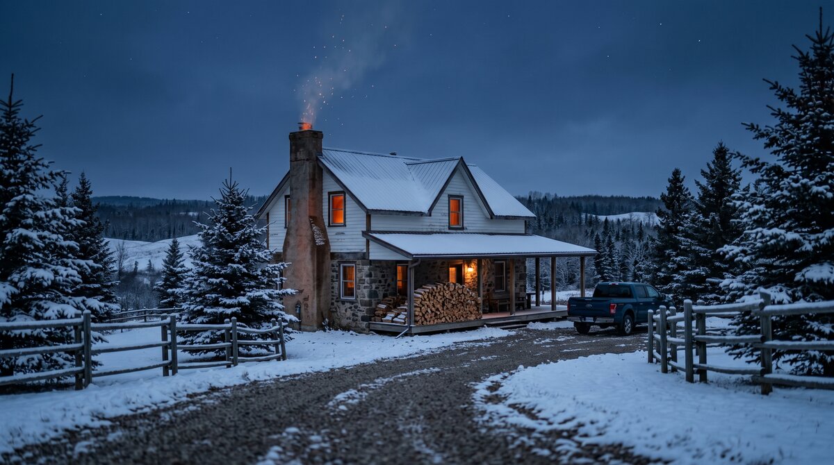 Sparks and glow from a chimney fire rising above a snow-covered Central Alberta farmhouse at dusk