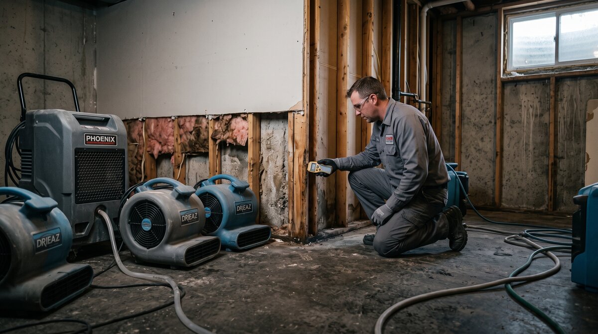 Air movers and a dehumidifier drying a flood-cut basement wall while a technician checks a moisture meter to prevent mould after water damage