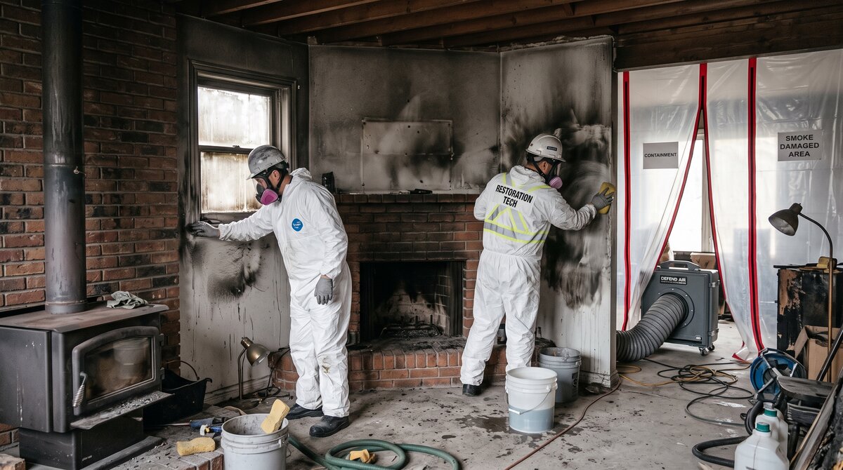 Restoration technicians in protective suits cleaning soot-stained walls beside a brick fireplace after a chimney fire