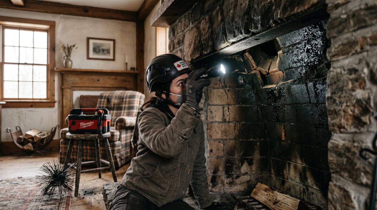 Technician with a flashlight inspecting glazed creosote and cracked flue tiles inside a stone fireplace chimney after a chimney fire