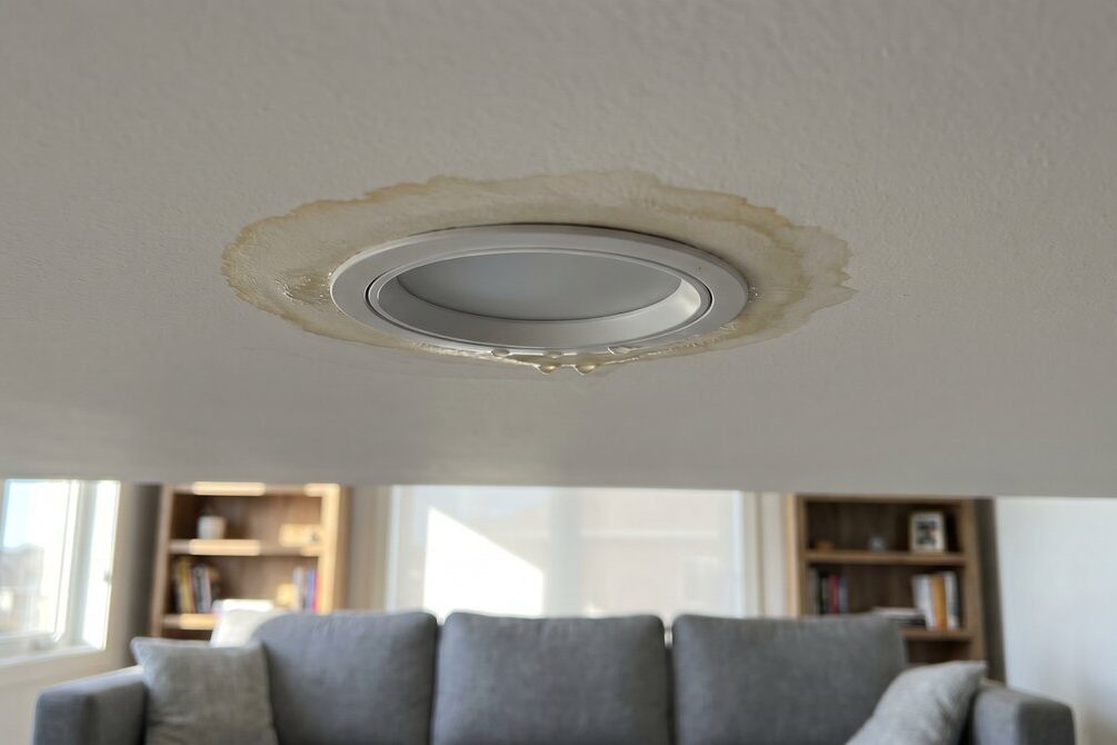 Water stain around a ceiling pot light from a roof leak after hail