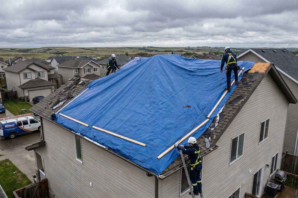 Crew installing a blue emergency tarp on a hail-damaged roof