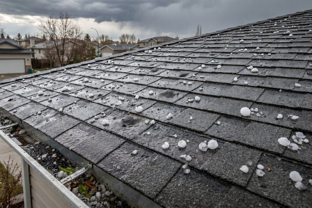 Hailstones on asphalt roof shingles after a hailstorm